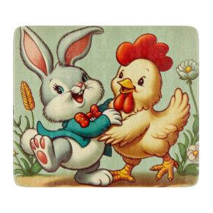 Cute, vintage cartoon Chicken & Rabbit Cutting Board