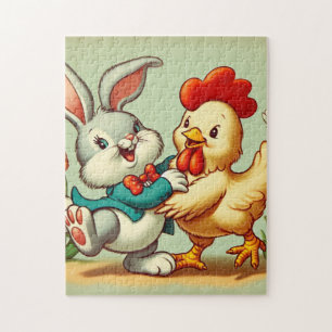 Cute, vintage cartoon Chicken & Rabbit Jigsaw Puzzle
