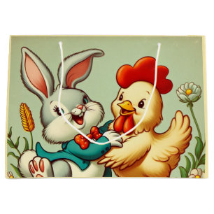 Cute, vintage cartoon Chicken & Rabbit Large Gift Bag