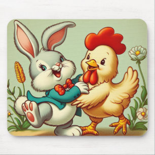 Cute, vintage cartoon Chicken & Rabbit Mouse Pad