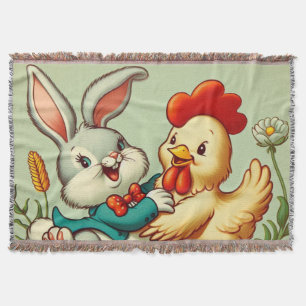 Cute, vintage cartoon Chicken & Rabbit Throw Blanket