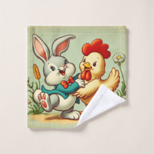 Cute, vintage cartoon Chicken & Rabbit Wash Cloth