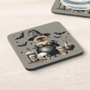 Cute Vintage Cat in a Cauldron Halloween Coaster