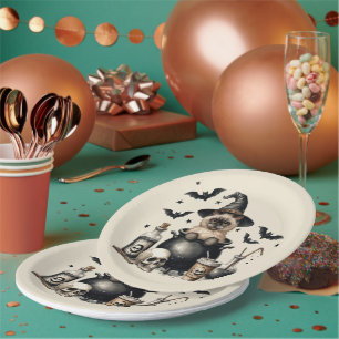 Cute Vintage Cat in a Cauldron Halloween Paper Plate