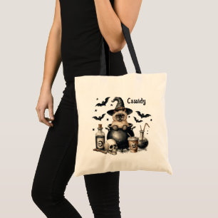 Cute Vintage Cat in a Cauldron Halloween with Name Tote Bag