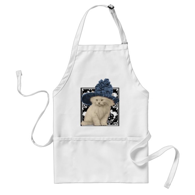 Cute Vintage Cat on Damask Blue Hat Apron (Front)