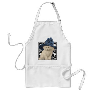 Cute Vintage Cat on Damask Blue Hat Apron