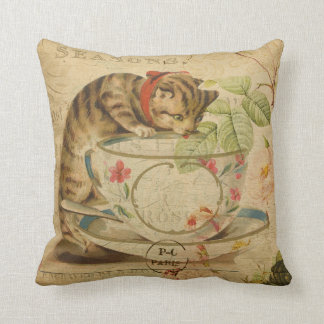 Cute Vintage Cat Tea Cup Floral Collage Cushion