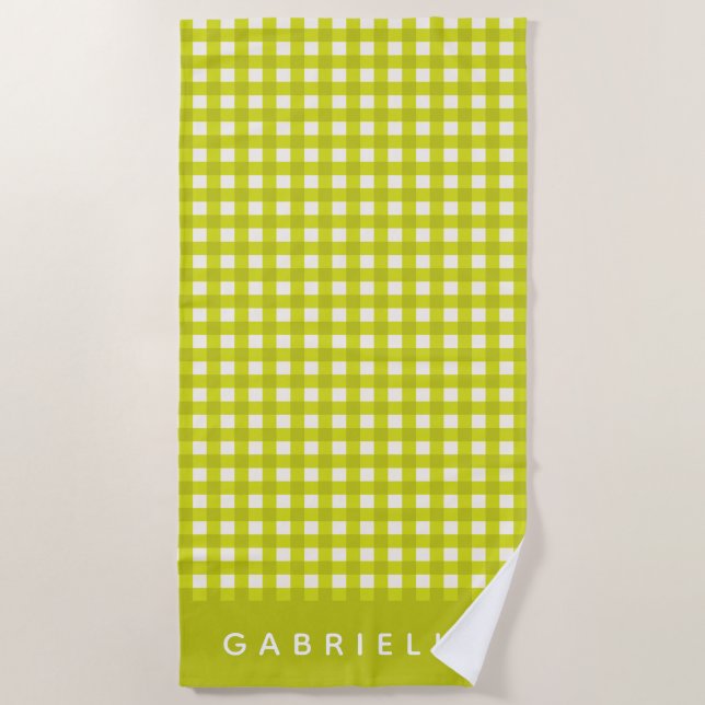 Cute Vintage Chartreuse Gingham Plaid Personalised Beach Towel (Front)