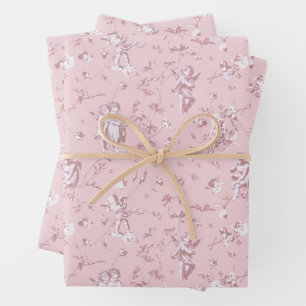 Cute Vintage Cherub Cupid Angels Pink Floral Toile Wrapping Paper Sheet