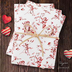 Cute Vintage Cherub Cupid Angels Red Floral Toile Wrapping Paper Sheet