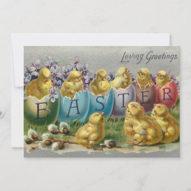 Cute Vintage Chicks in Easter Eggs w/Violets Holiday Card (Front)