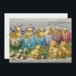 Cute Vintage Chicks in Easter Eggs w/Violets Holiday Card<br><div class="desc">Six cute and fluffy yellow vintage chicks inside dyed Easter eggs,  each with a letter spelling the word Easter,  with violets,  pussy willows and "Loving Greetings" on silver background.</div>