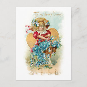 Cute Vintage Child, Heart, Flowers Valentine Postcard