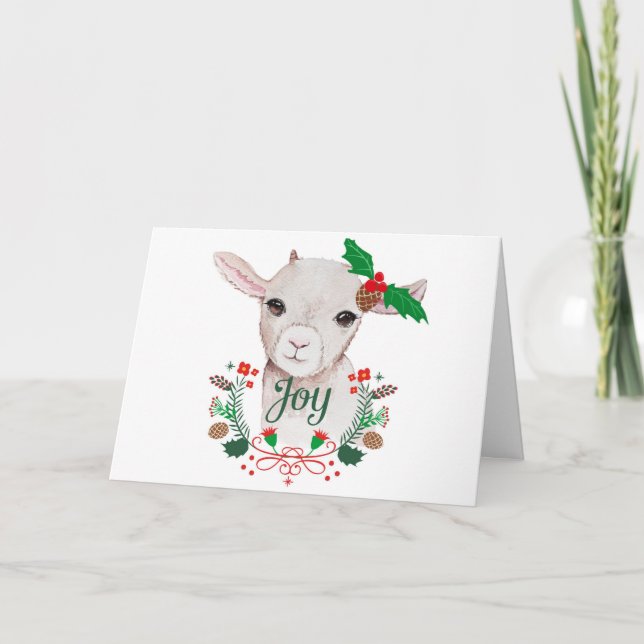 Cute Vintage Christmas Baby Goat - Joy Holiday Card (Front)