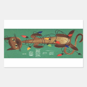 Cute Vintage Christmas Cat In Lights Rectangular Sticker