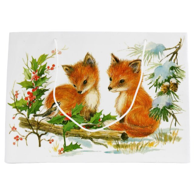 Cute Vintage Christmas Foxes Large Gift Bag (Front)