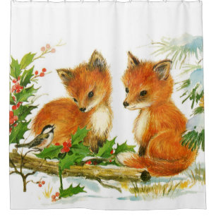 Cute Vintage Christmas Foxes Shower Curtain
