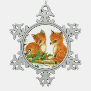 Cute Vintage Christmas Foxes Snowflake Pewter Christmas Ornament