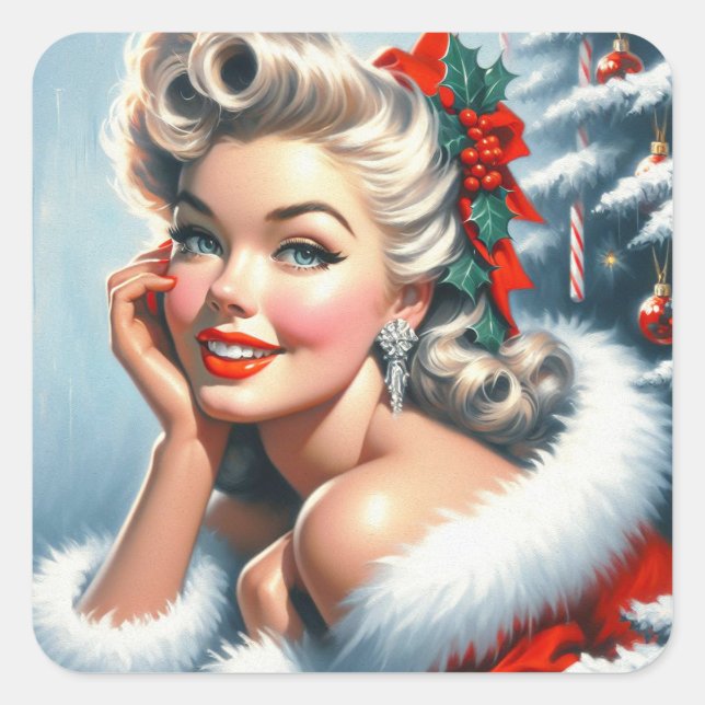 Cute Vintage Christmas Girl Square Sticker (Front)