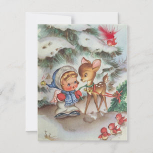 Cute Vintage Christmas Girl With Baby Deer Holiday Card