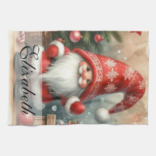 Cute Vintage Christmas Gnomes Watercolor Art Tea Towel