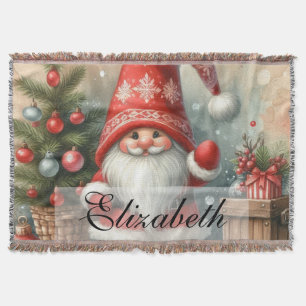 Cute Vintage Christmas Gnomes Watercolor Art Throw Blanket
