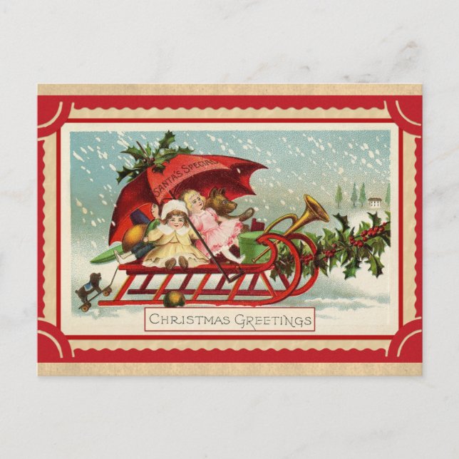 Cute Vintage Christmas Greetings Toys Sled Postcard (Front)