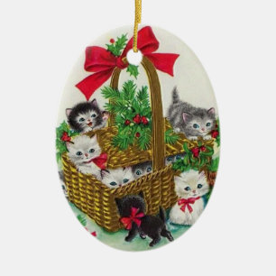 Cute Vintage Christmas Kittens In A Basket Ceramic Ornament