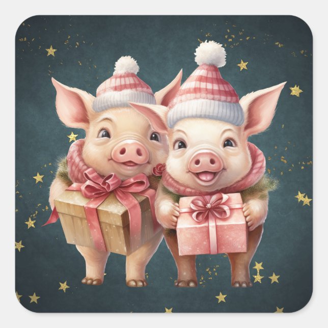 Cute vintage Christmas Pigs Square Sticker (Front)