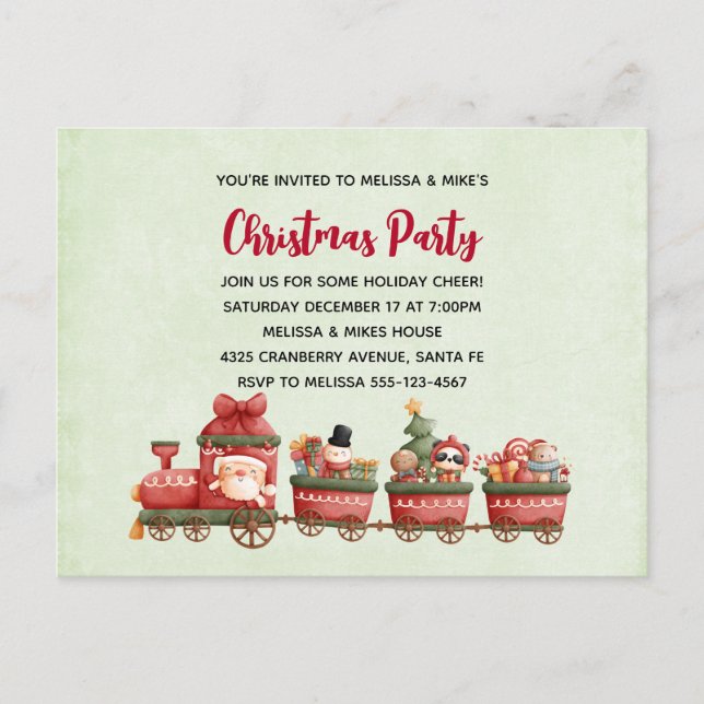 Cute Vintage Christmas Train with Toys Invitation Postcard (Front)