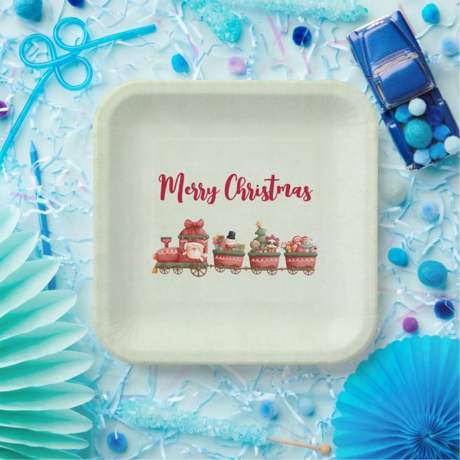 Cute Vintage Christmas Train with Toys Paper Plate (Party)