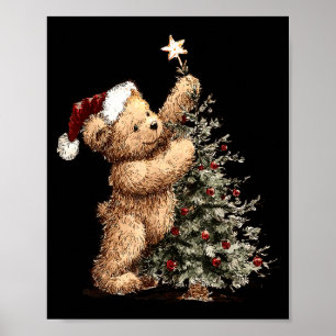 Cute Vintage Christmas Tree And Teddy Bear Santa H Poster