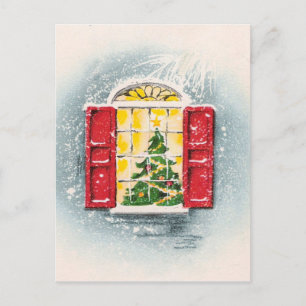 Cute Vintage Christmas Tree in a Window Postcard