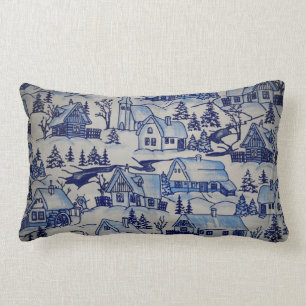 Cute Vintage Christmas Village Merry Xmas Holiday Lumbar Cushion