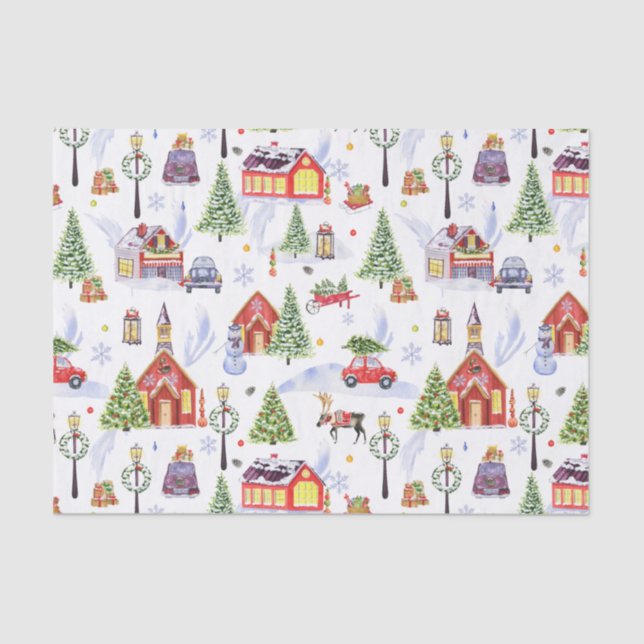 Cute Vintage Christmas Village with Christmas Tree Tissue Paper (Front)