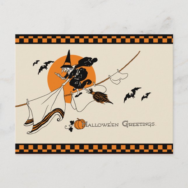 Cute Vintage Clothesline Witch Postcard (Front)