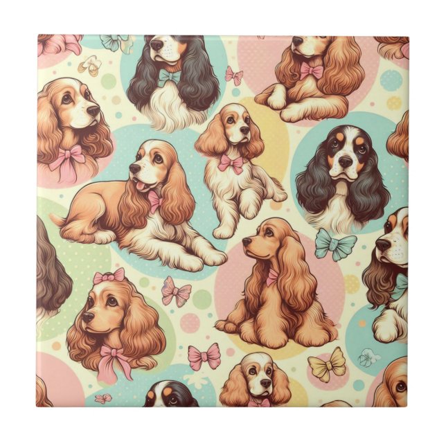 Cute Vintage Cocker Spaniel Seamless Pattern Ceramic Tile (Front)