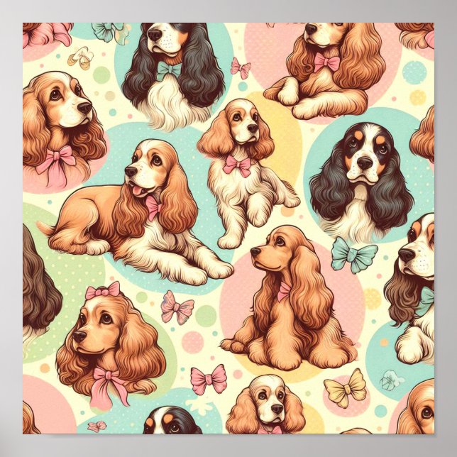 Cute Vintage Cocker Spaniel Seamless Pattern Poster (Front)