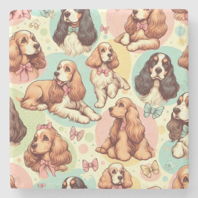 Cute Vintage Cocker Spaniel Seamless Pattern Stone Coaster (Front)