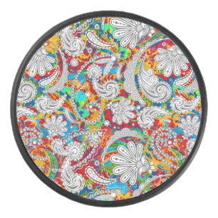 Cute vintage colourful white paisley patterns jigs hockey puck