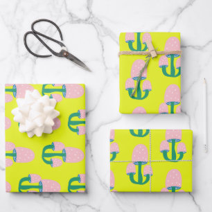 Cute Vintage Cottagecore Mushroom Yellow and Pink Wrapping Paper Sheet