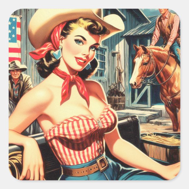 Cute Vintage Country Girl Pin-up Square Sticker (Front)