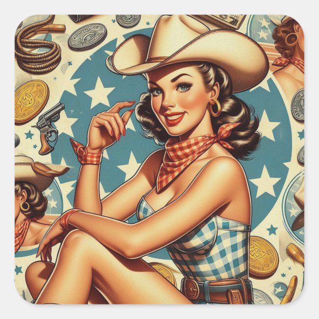 Cute Vintage Cowgirl Square Sticker (Front)