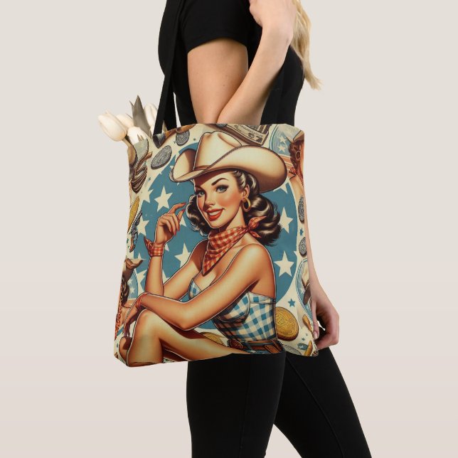 Cute Vintage Cowgirl Tote Bag (Close Up)