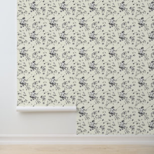 Cute Vintage Cupid Angel Black Ivory Floral Toile Wallpaper