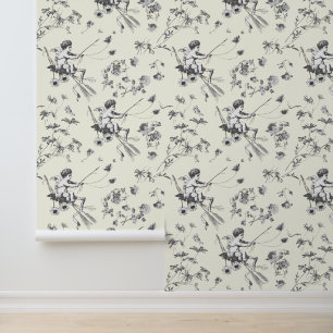Cute Vintage Cupid Angel Black White Floral Toile Wallpaper