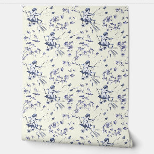 Cute Vintage Cupid Angel Blue Floral Toile Wallpaper
