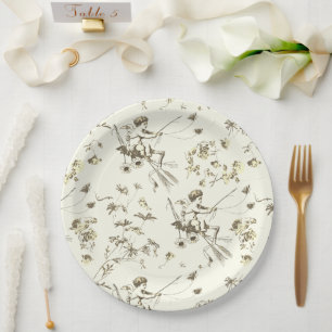 Cute Vintage Cupid Angel Gold Beige Floral Toile Paper Plate