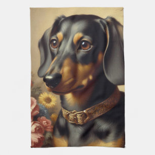 Cute Vintage Dachshund Painting Tea Towel